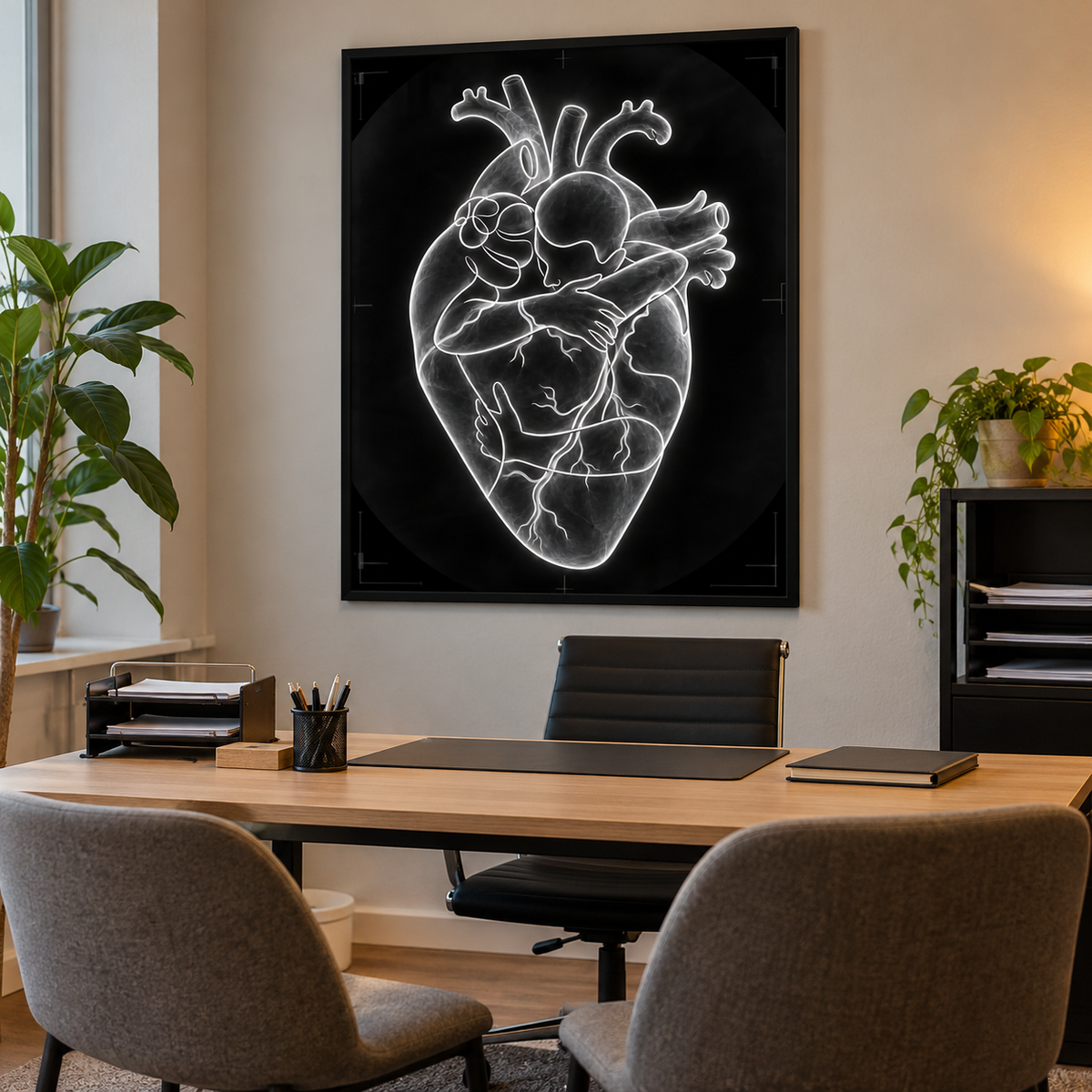 Herzumarmung – Röntgenfilm als gerahmtes Bild im Gesprächszimmer einer Arztpraxis.