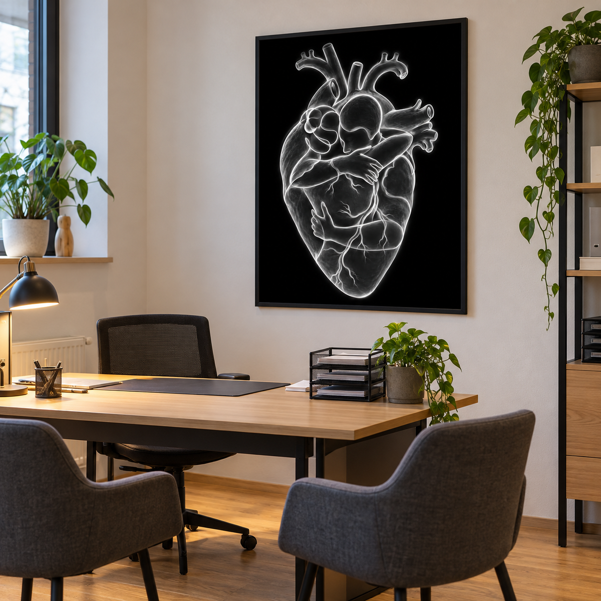 Herzumarmung – Silberlinien als gerahmtes Bild im Gesprächszimmer einer Arztpraxis.