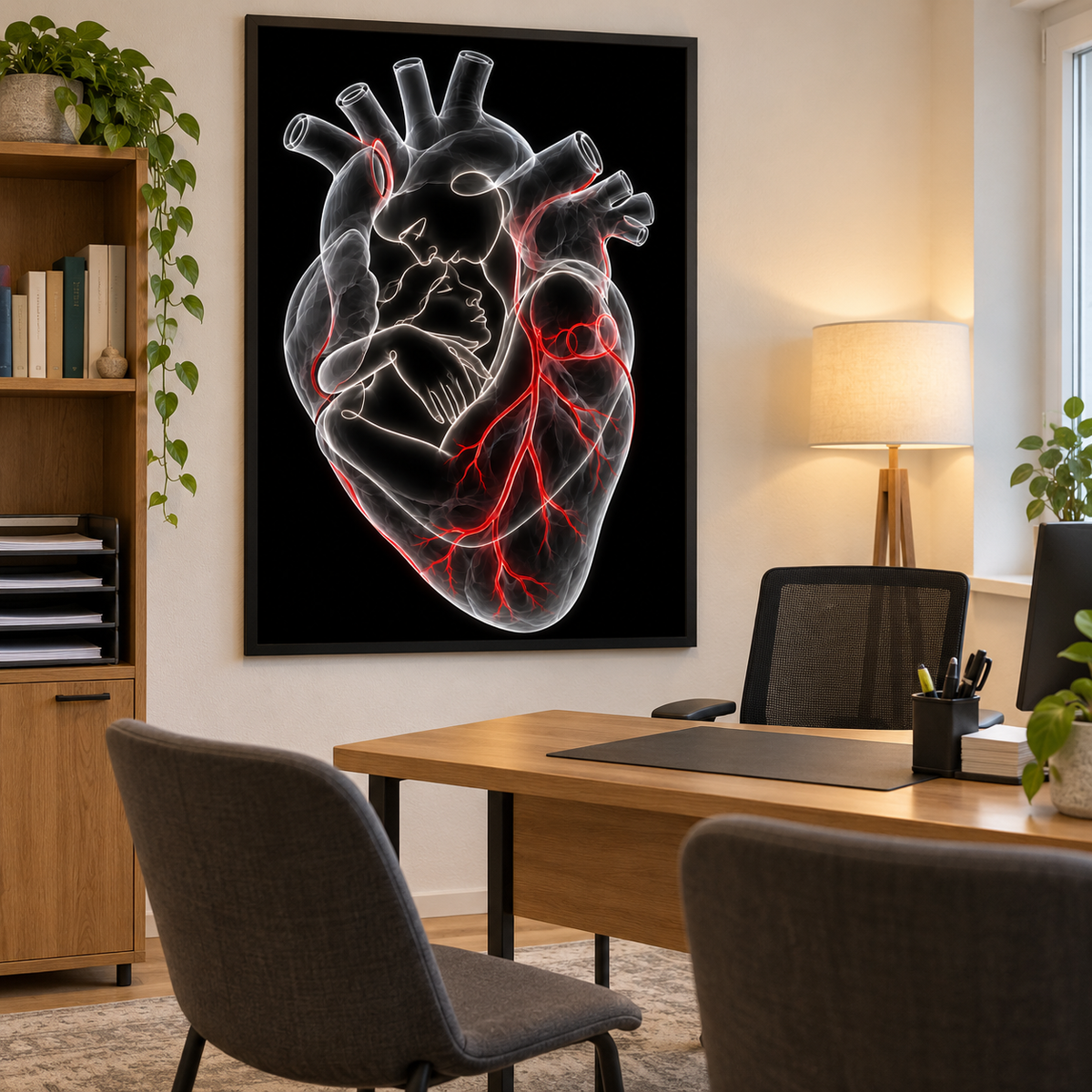 Stirnkuss – Rote Verbundenheit als gerahmtes Bild im Gesprächszimmer einer Arztpraxis.