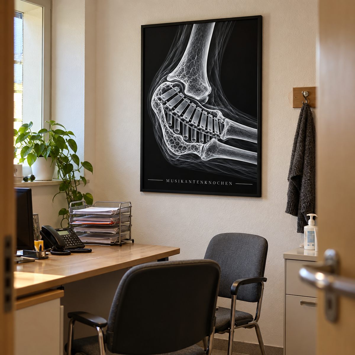 Musikantenknochen – Xylophon – gerahmtes Wandbild im Praxisbüro