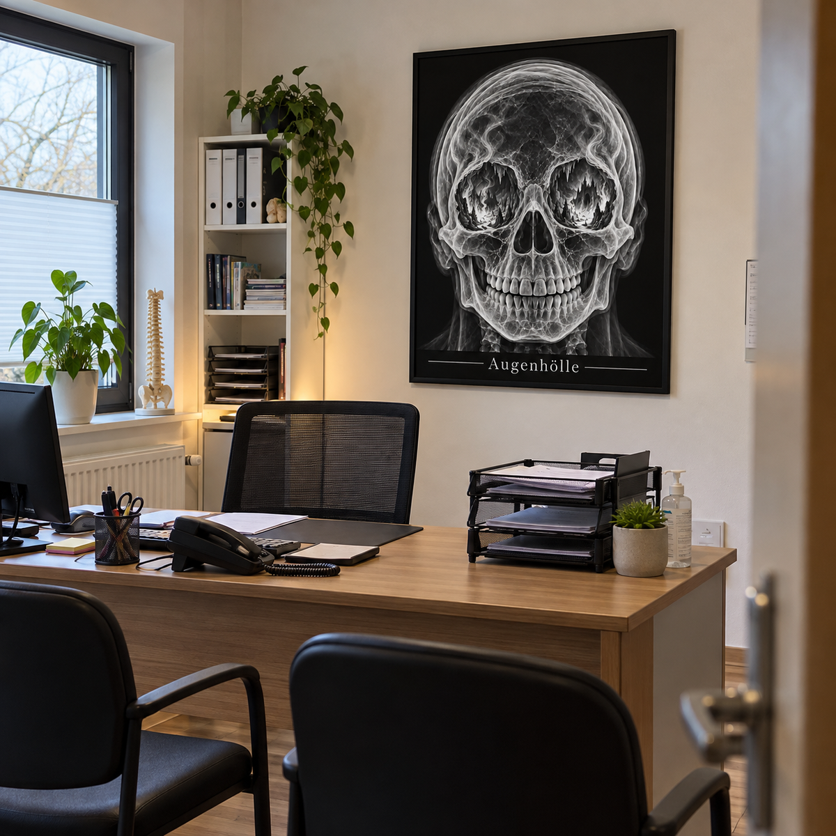Augenhölle – Flammenpfade – gerahmtes Wandbild im Praxisbüro