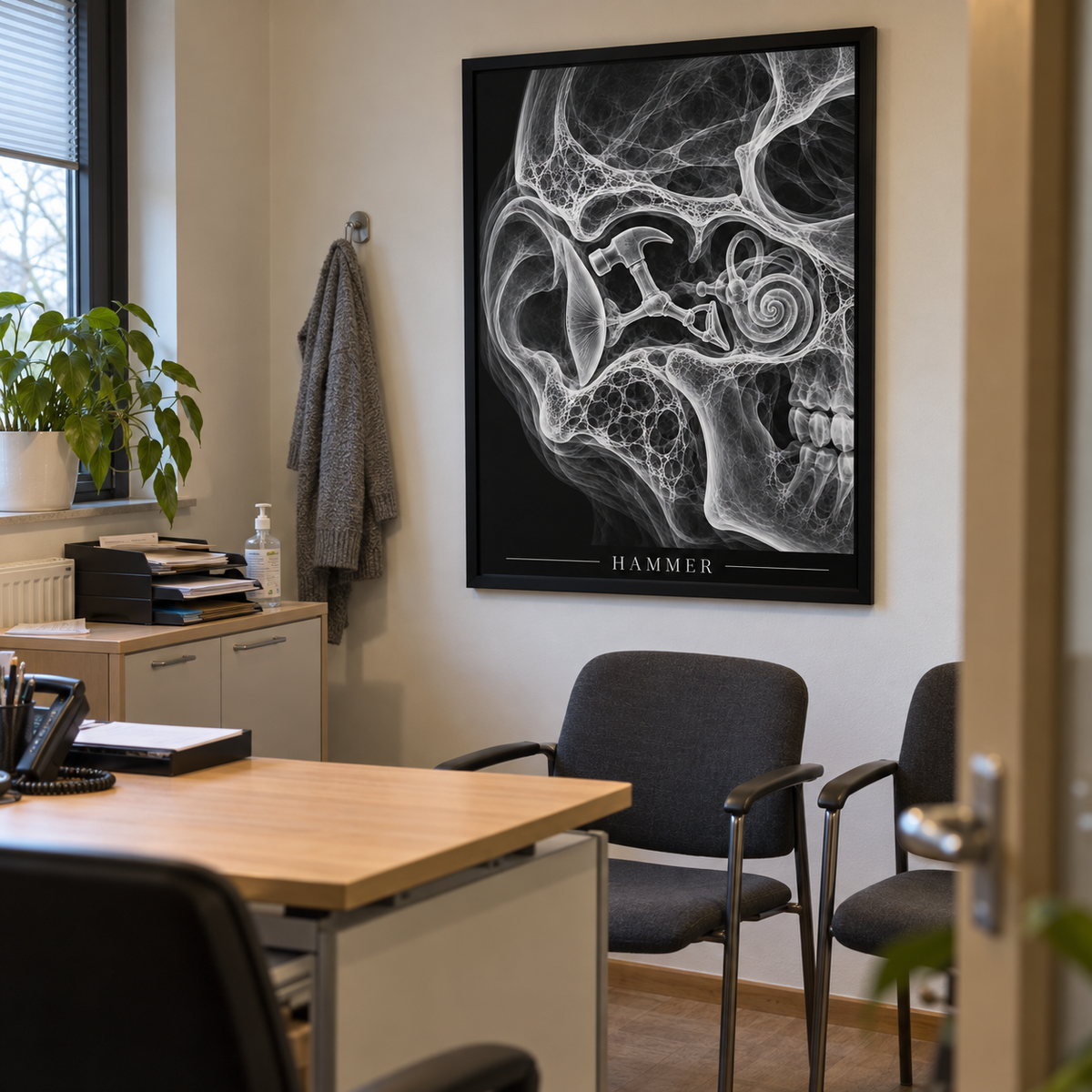 Hammer – gerahmtes Wandbild im Praxisbüro