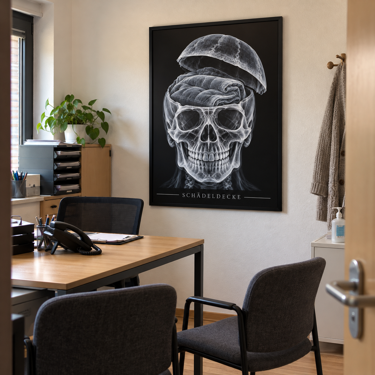 Schädeldecke – Deckenstapel – gerahmtes Wandbild im Praxisbüro