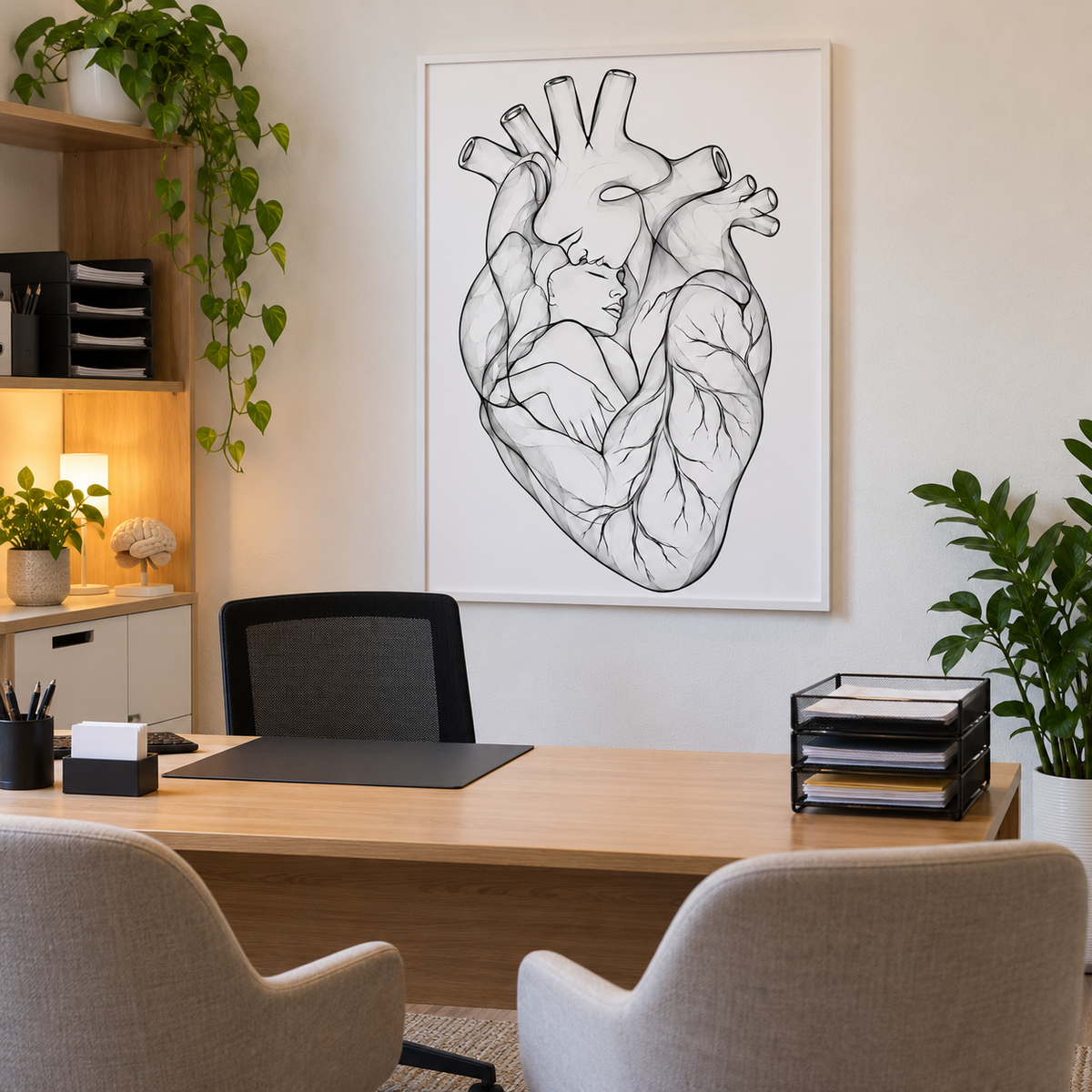 Stirnkuss – Klare Nähe als gerahmtes Bild im Gesprächszimmer einer Arztpraxis.
