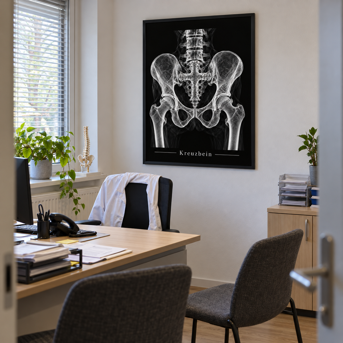 Kreuzbein – gerahmtes Wandbild im Praxisbüro
