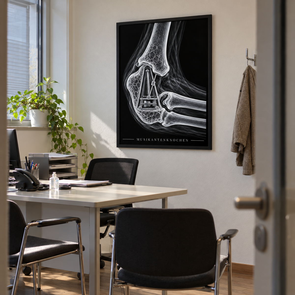 Musikantenknochen – Metronom – gerahmtes Wandbild im Praxisbüro