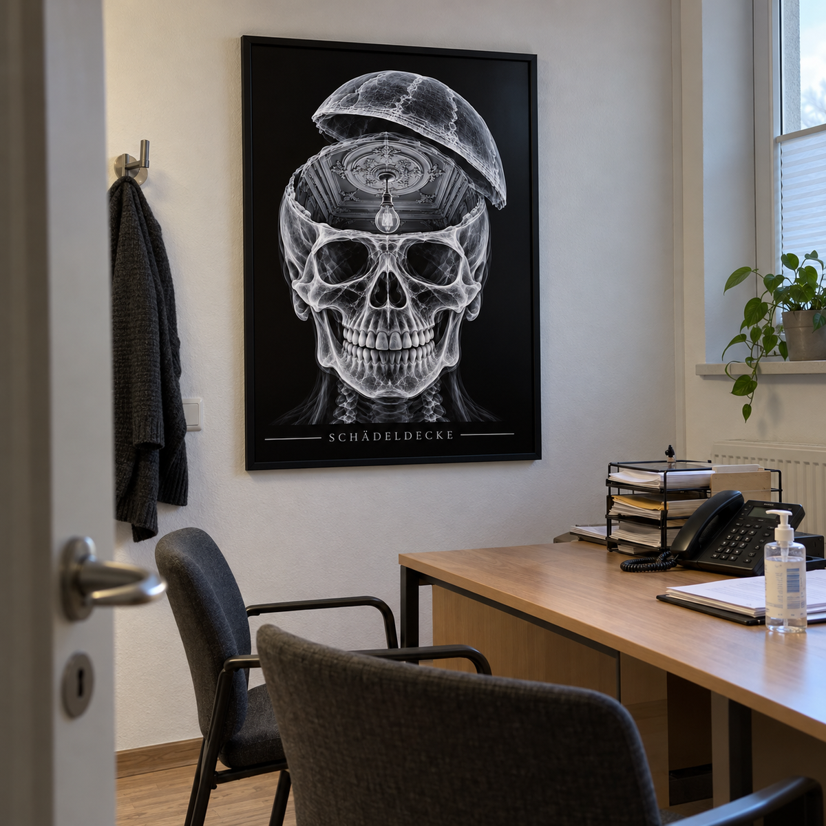 Schädeldecke – Stuckzimmer – gerahmtes Wandbild im Praxisbüro