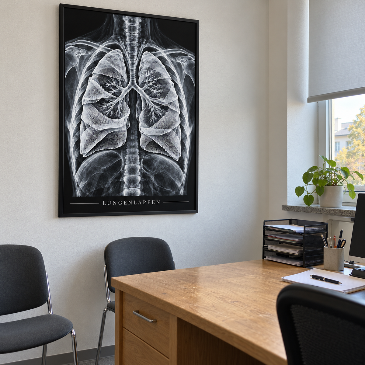 Lungenlappen – Mulltücher – gerahmtes Wandbild im Praxisbüro