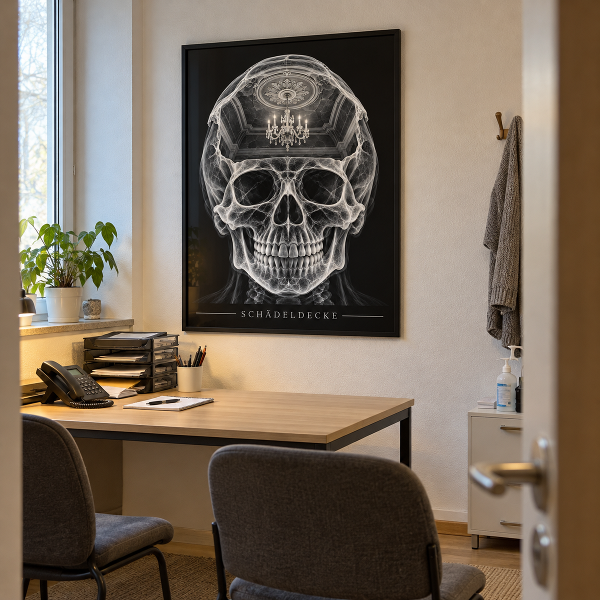 Schädeldecke – Kronleuchter – gerahmtes Wandbild im Praxisbüro