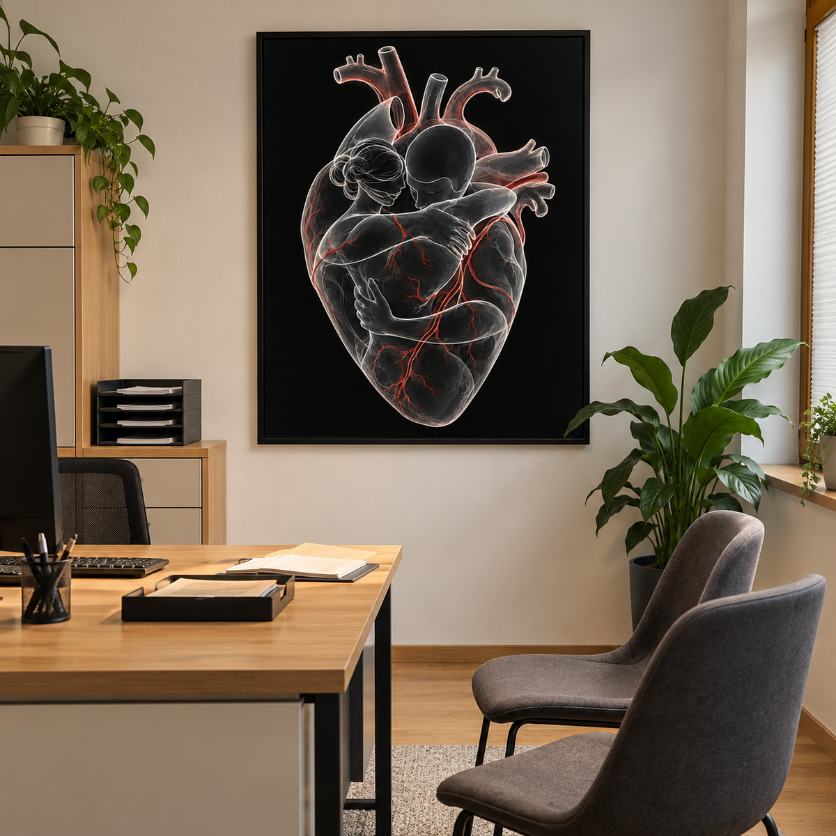 Herzumarmung – Roter Herzschlag als gerahmtes Bild im Gesprächszimmer einer Arztpraxis.