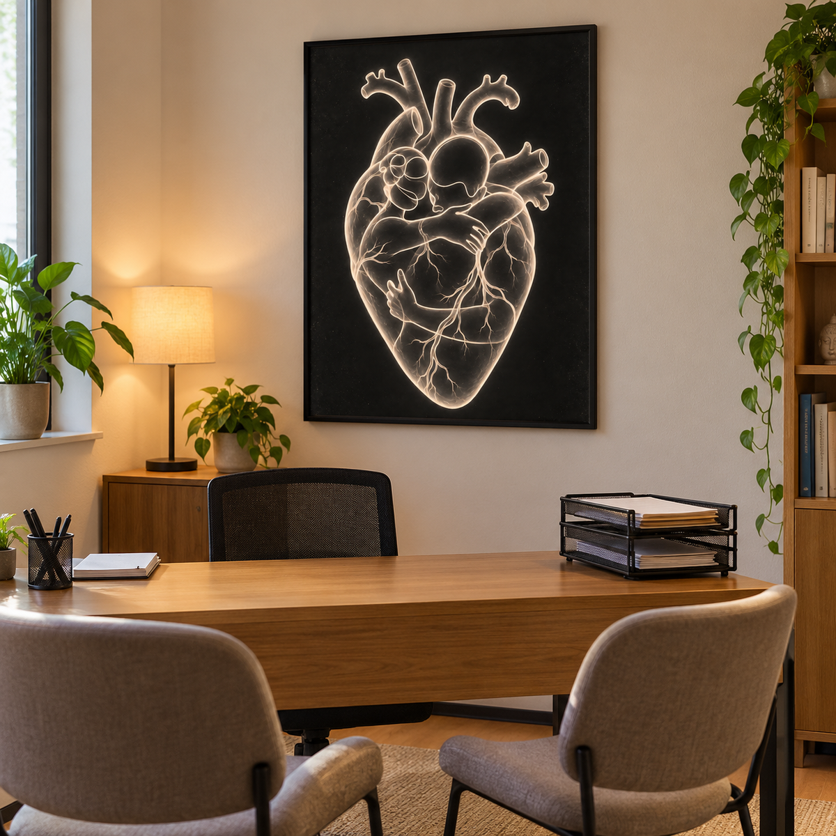 Herzumarmung – Warmes Leuchten als gerahmtes Bild im Gesprächszimmer einer Arztpraxis.