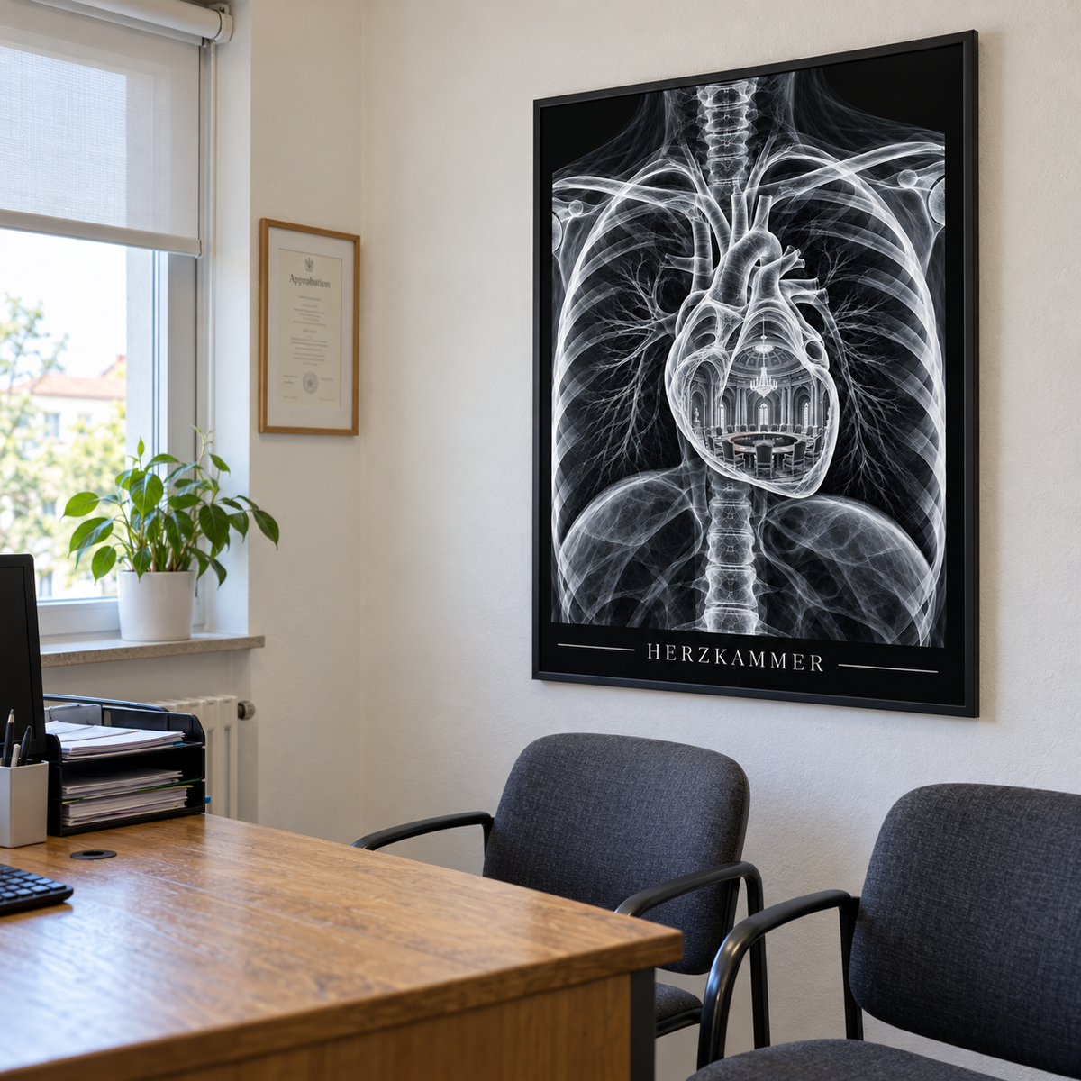 Herzkammer – Ratssaal – gerahmtes Wandbild im Praxisbüro