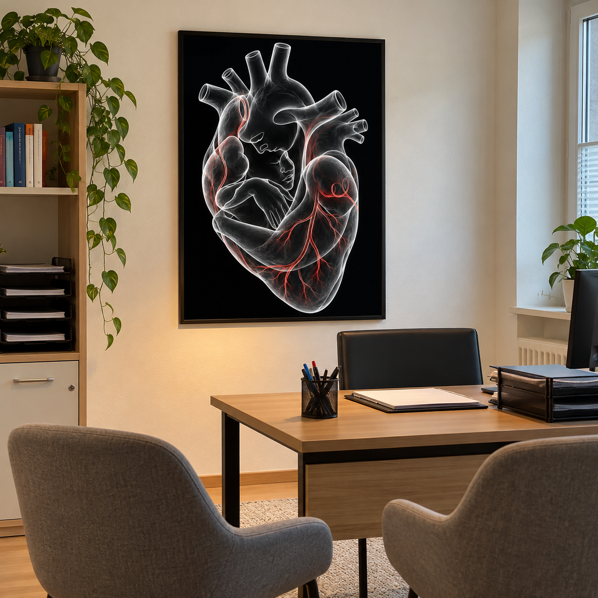 Stirnkuss – Rote Geborgenheit als gerahmtes Bild im Gesprächszimmer einer Arztpraxis.