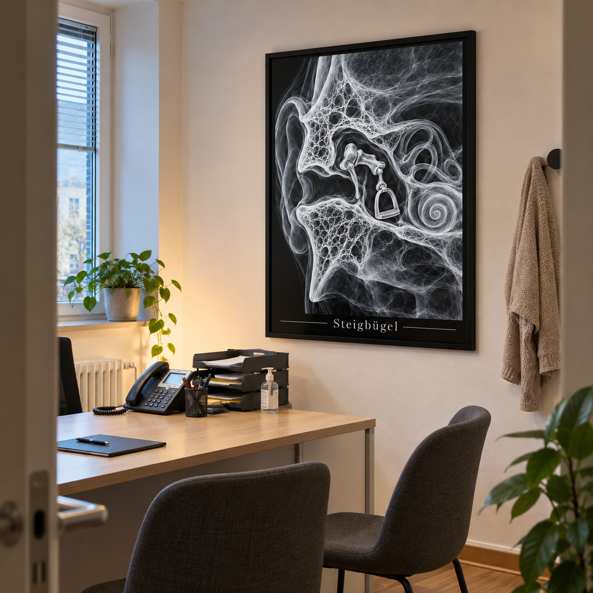 Steigbügel – gerahmtes Wandbild im Praxisbüro