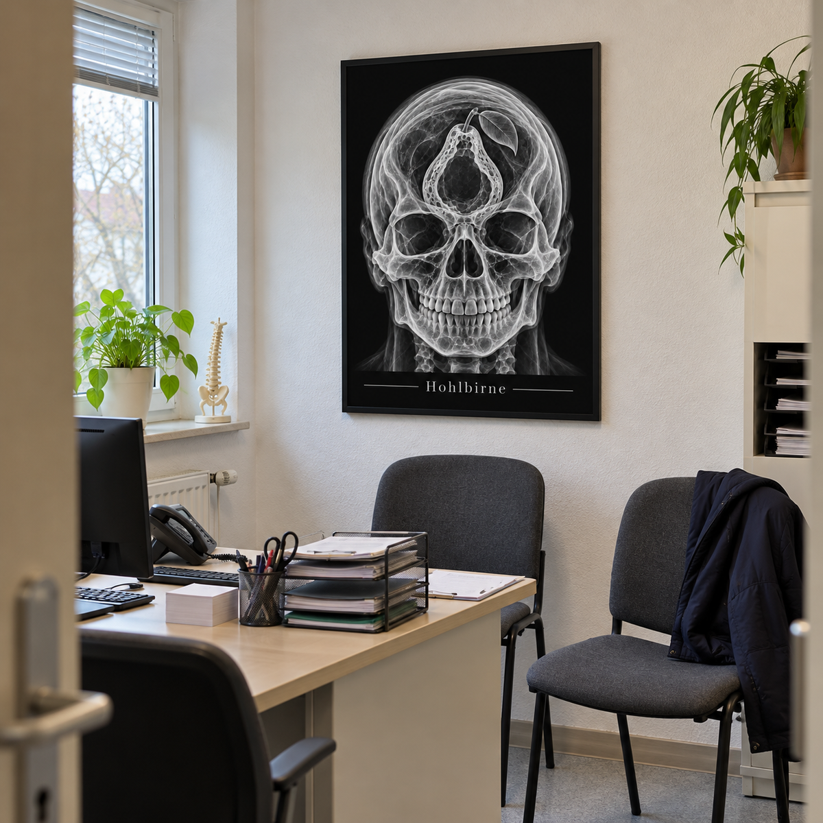 Hohlbirne – gerahmtes Wandbild im Praxisbüro