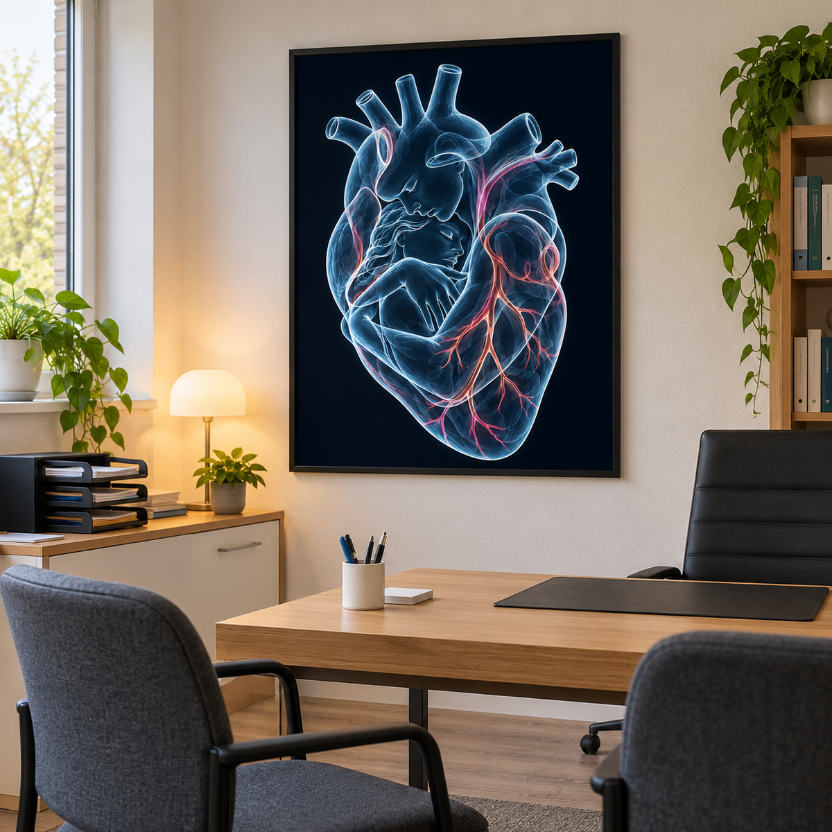 Stirnkuss – Blaue Geborgenheit als gerahmtes Bild im Gesprächszimmer einer Arztpraxis.