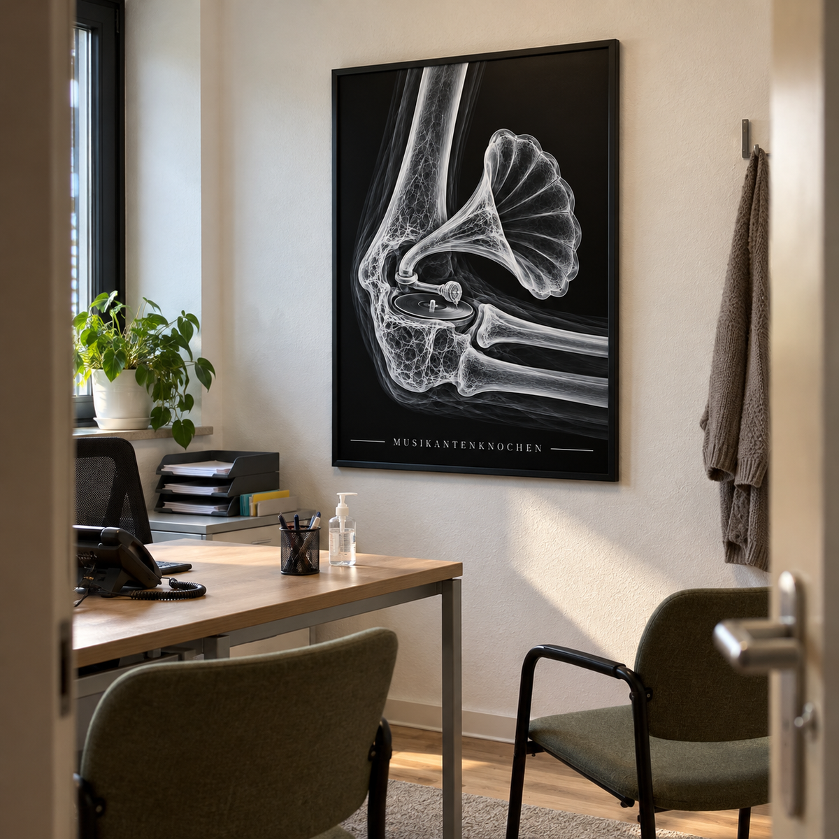 Musikantenknochen – Grammophon – gerahmtes Wandbild im Praxisbüro