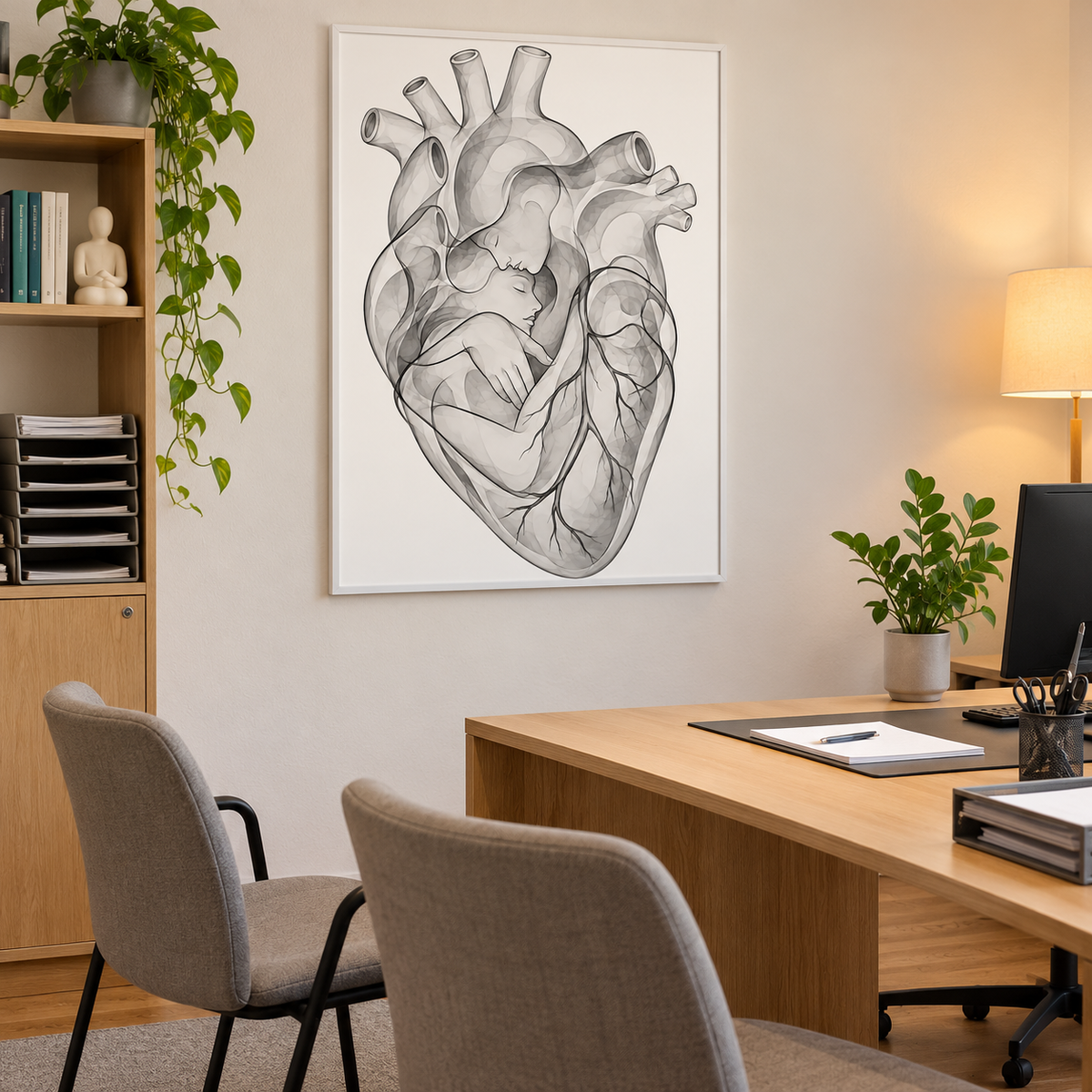 Stirnkuss – Sanfte Linien als gerahmtes Bild im Gesprächszimmer einer Arztpraxis.