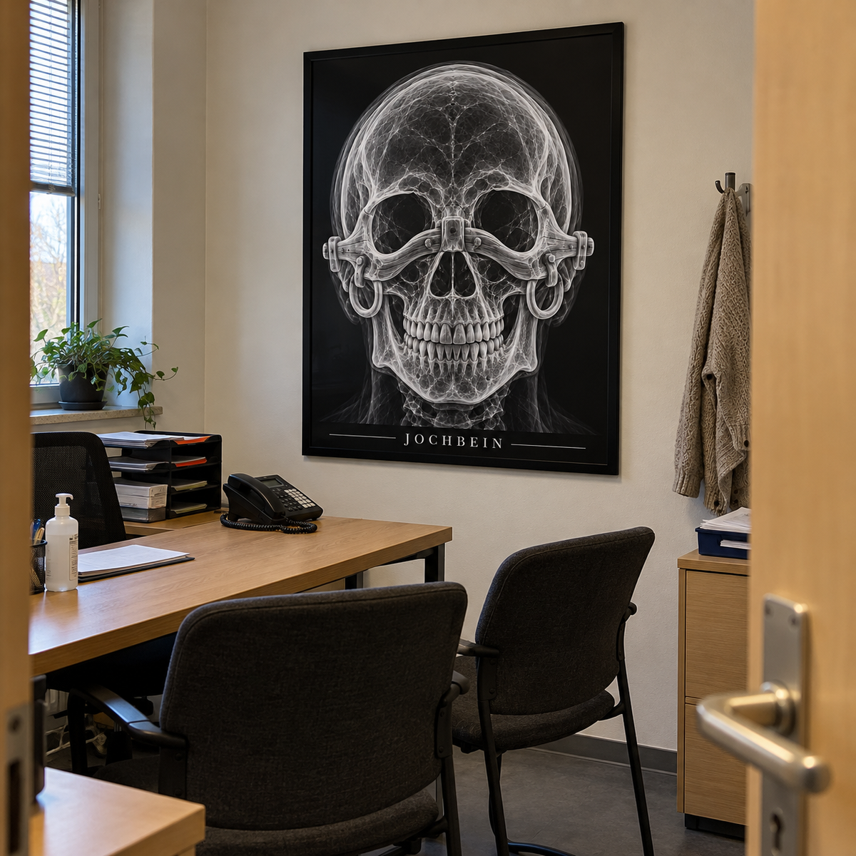 Jochbein – gerahmtes Wandbild im Praxisbüro