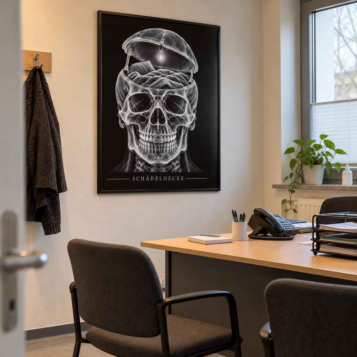 Schädeldecke – Leselicht – gerahmtes Wandbild im Praxisbüro