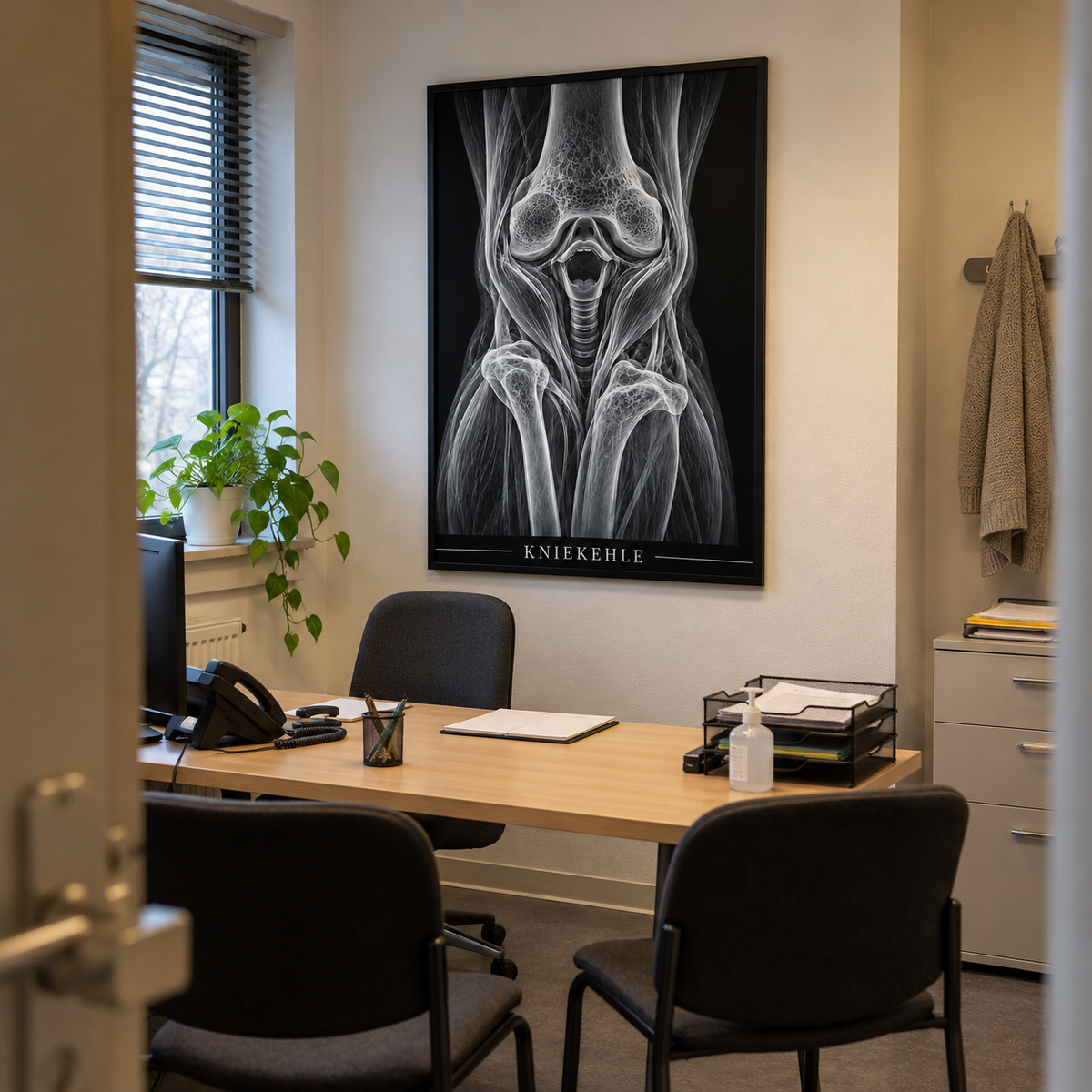 Kniekehle – gerahmtes Wandbild im Praxisbüro