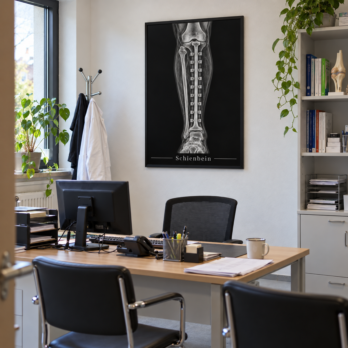 Schienbein – gerahmtes Wandbild im Praxisbüro