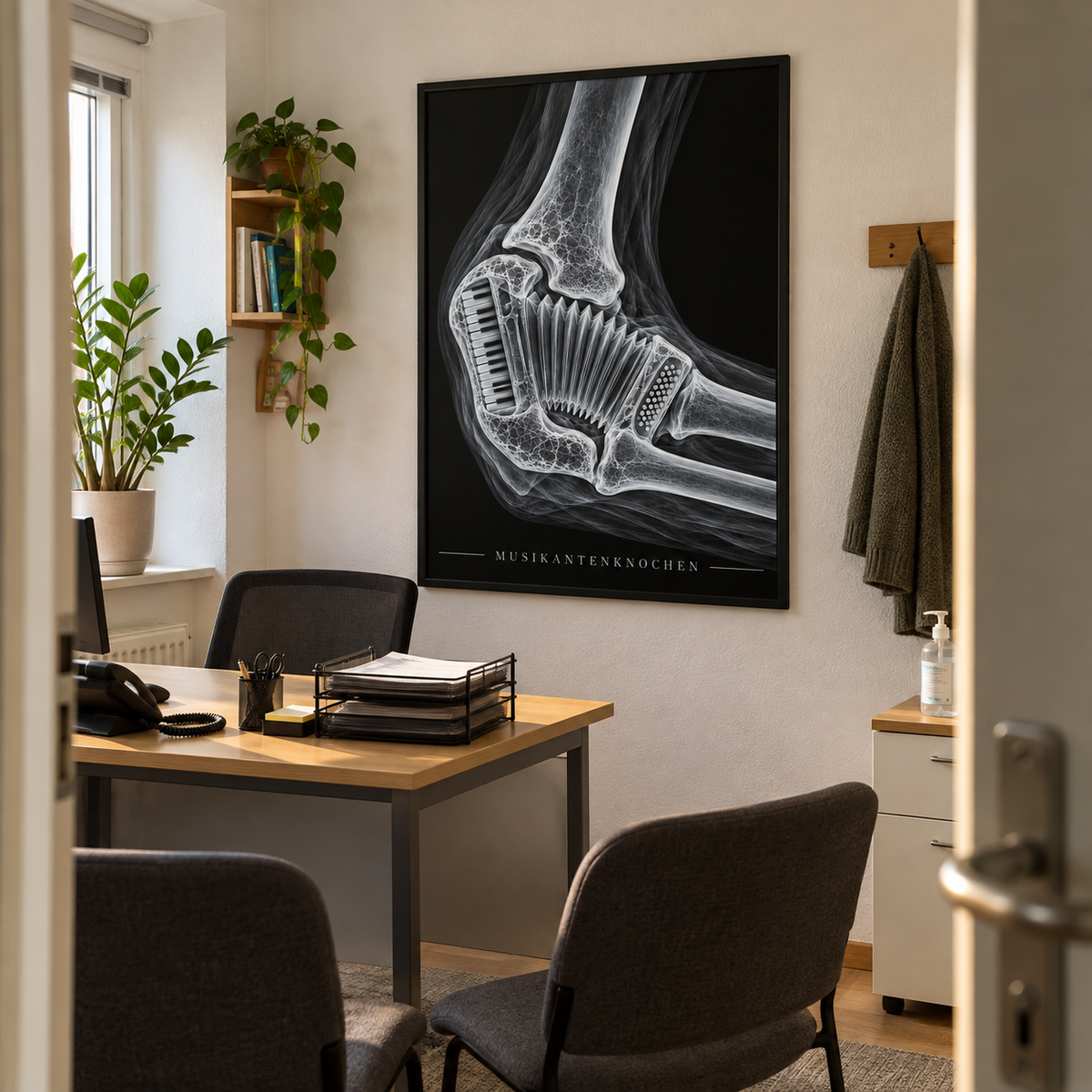 Musikantenknochen – Akkordeon – gerahmtes Wandbild im Praxisbüro