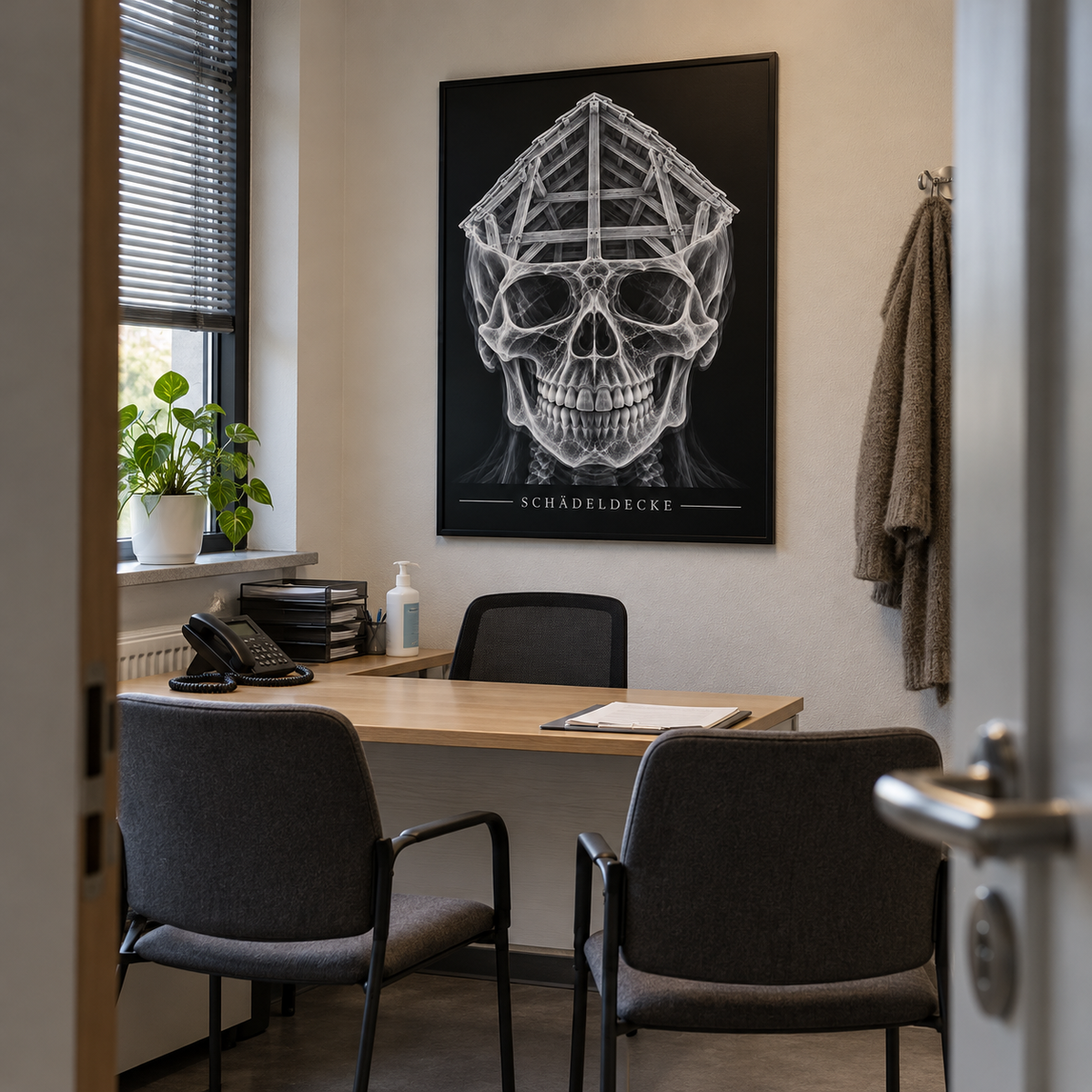 Schädeldecke – Dachstuhl – gerahmtes Wandbild im Praxisbüro