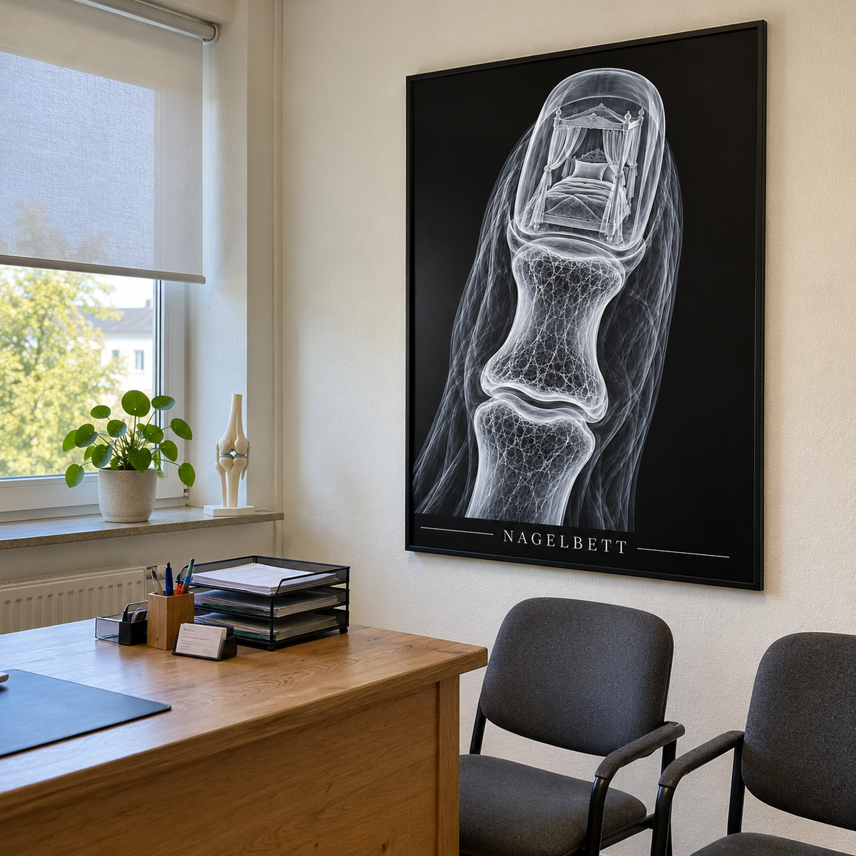 Nagelbett – Baldachin – gerahmtes Wandbild im Praxisbüro