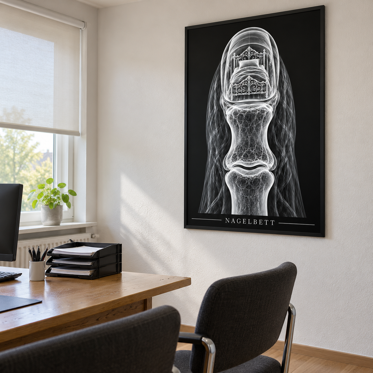 Nagelbett – Metallbett – gerahmtes Wandbild im Praxisbüro