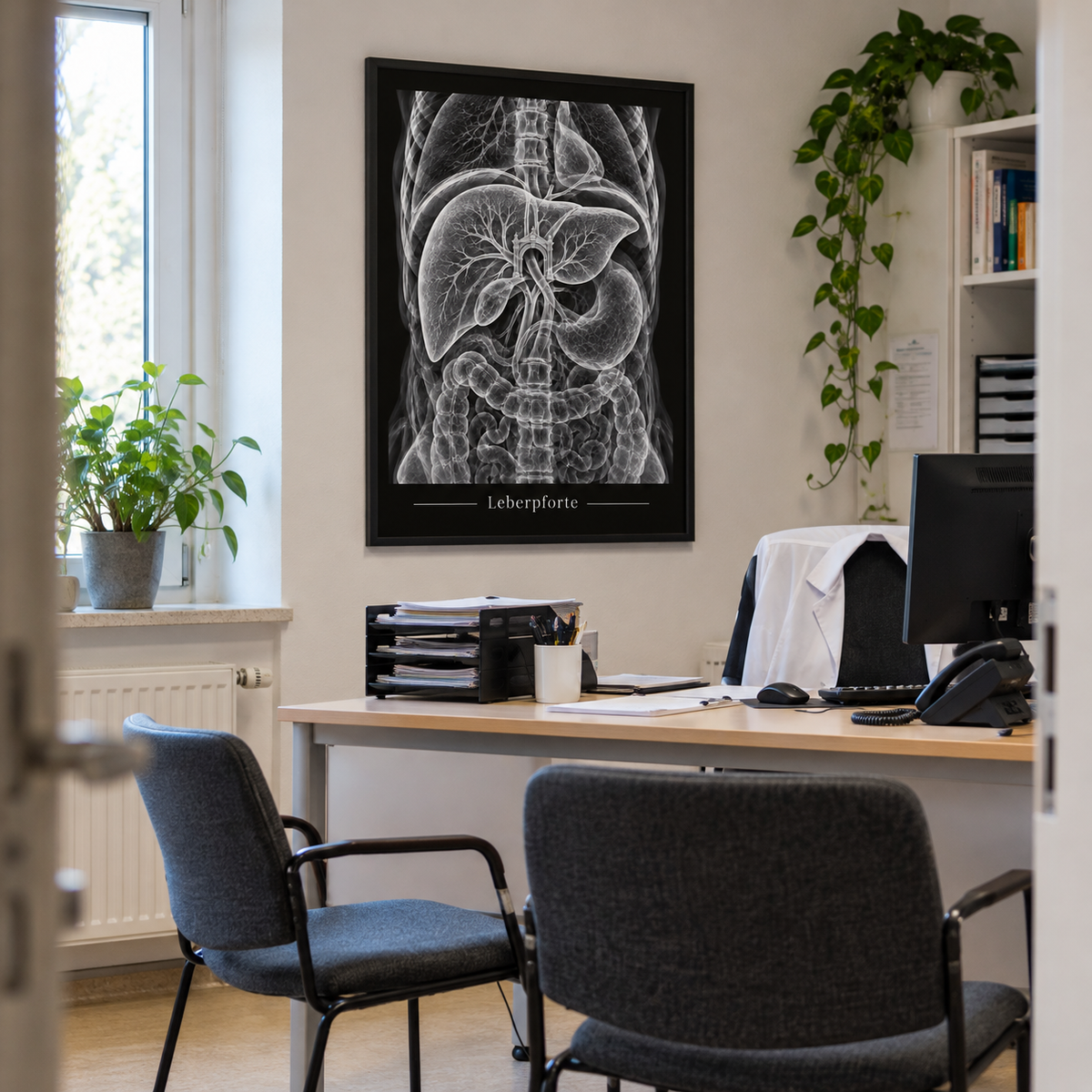 Leberpforte – gerahmtes Wandbild im Praxisbüro