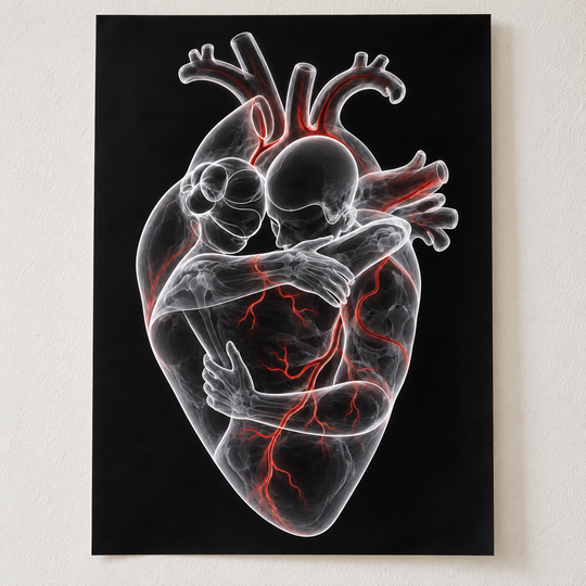 Herzumarmung – Rote Adern: ungerahmtes Poster mit zwei umarmten Menschen in einem anatomischen Herz auf schwarzem Grund.