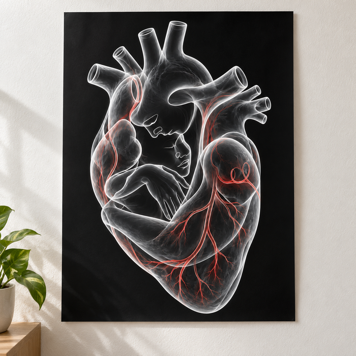 Stirnkuss – Rote Geborgenheit als Poster ohne Rahmen.