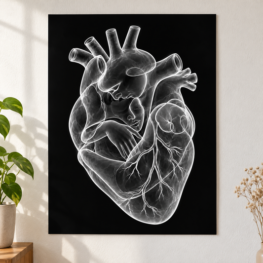 Stirnkuss – Silbernes Herzlicht als Poster ohne Rahmen.