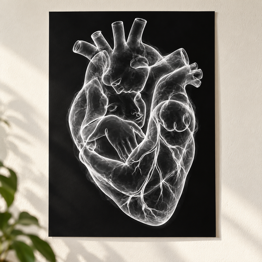 Stirnkuss – Silberne Nähe als Poster ohne Rahmen.
