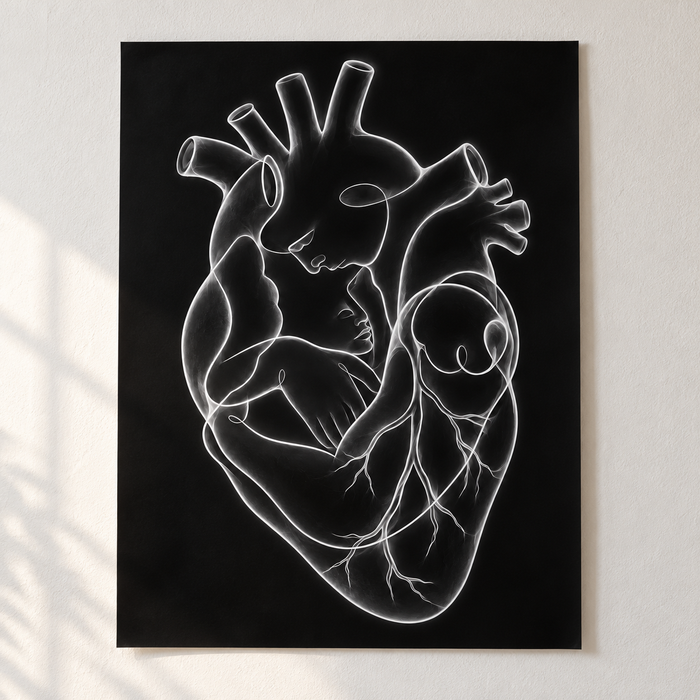 Stirnkuss – Leuchtende Stille als Poster ohne Rahmen.