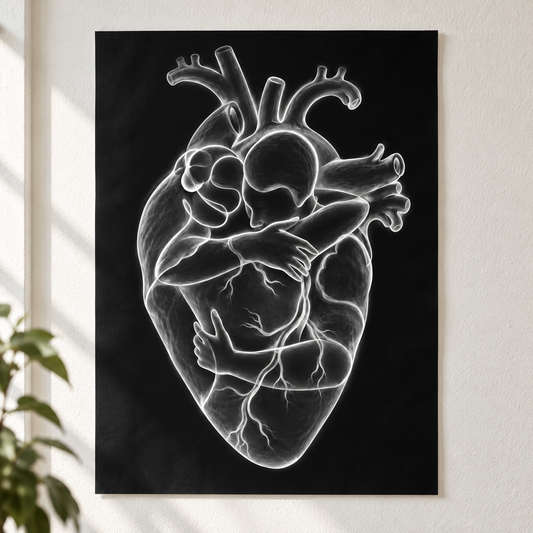 Herzumarmung – Silberlinien als Poster ohne Rahmen.