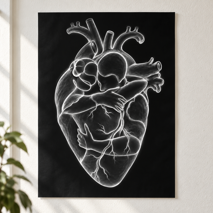 Herzumarmung – Silberlinien als Poster ohne Rahmen.