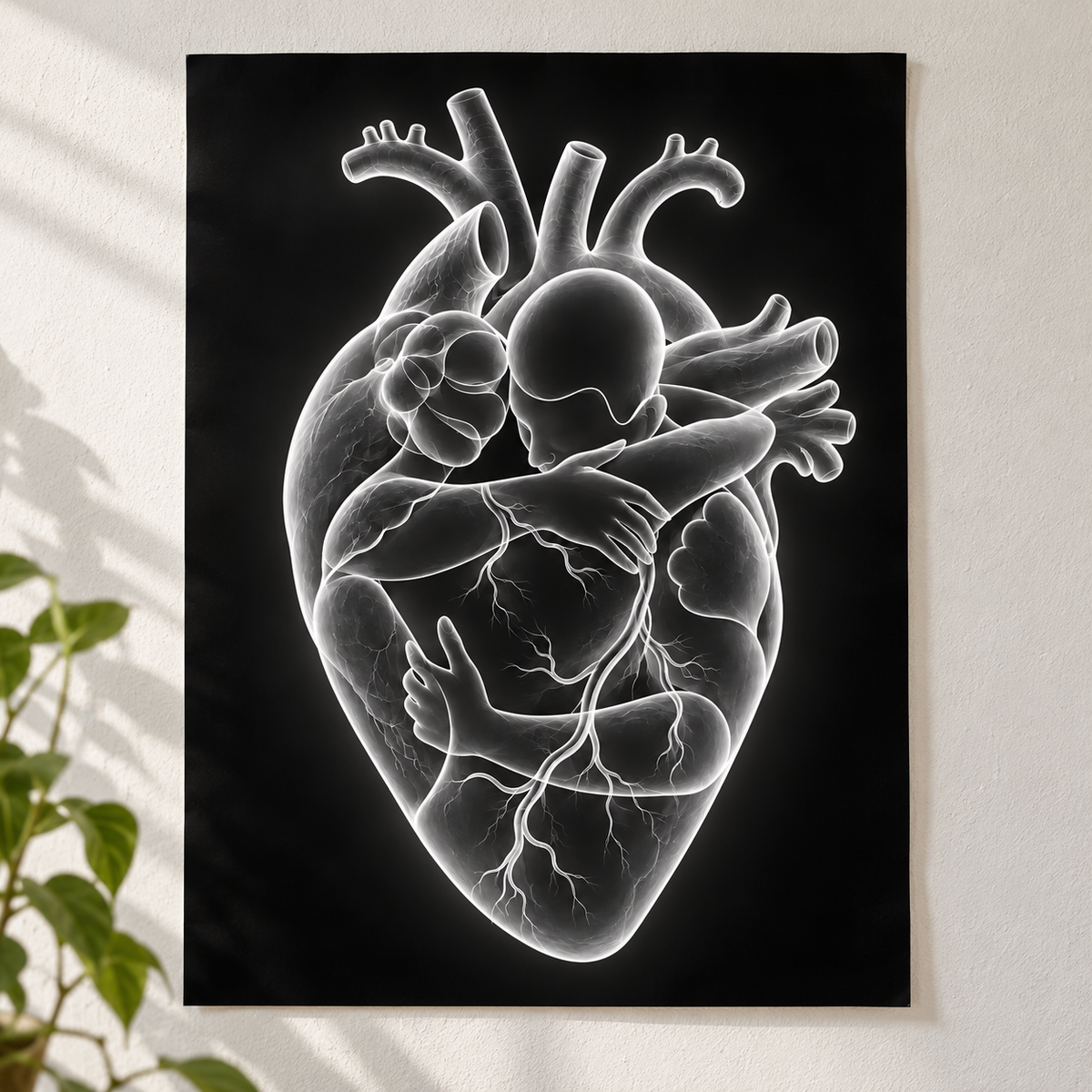 Herzumarmung – Lichtschein als Poster ohne Rahmen.