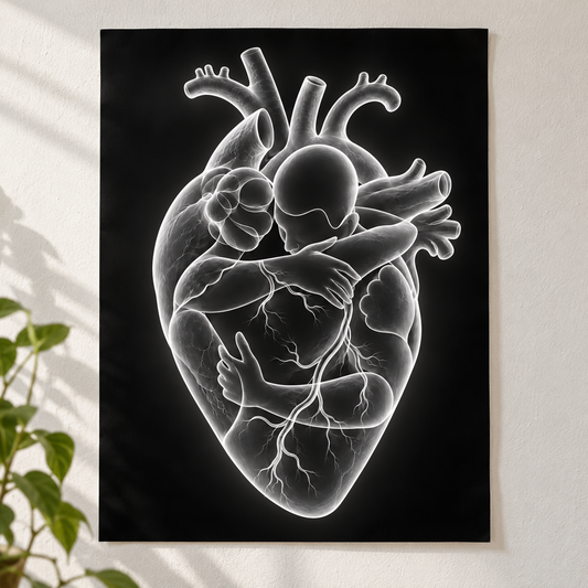 Herzumarmung – Lichtschein als Poster ohne Rahmen.