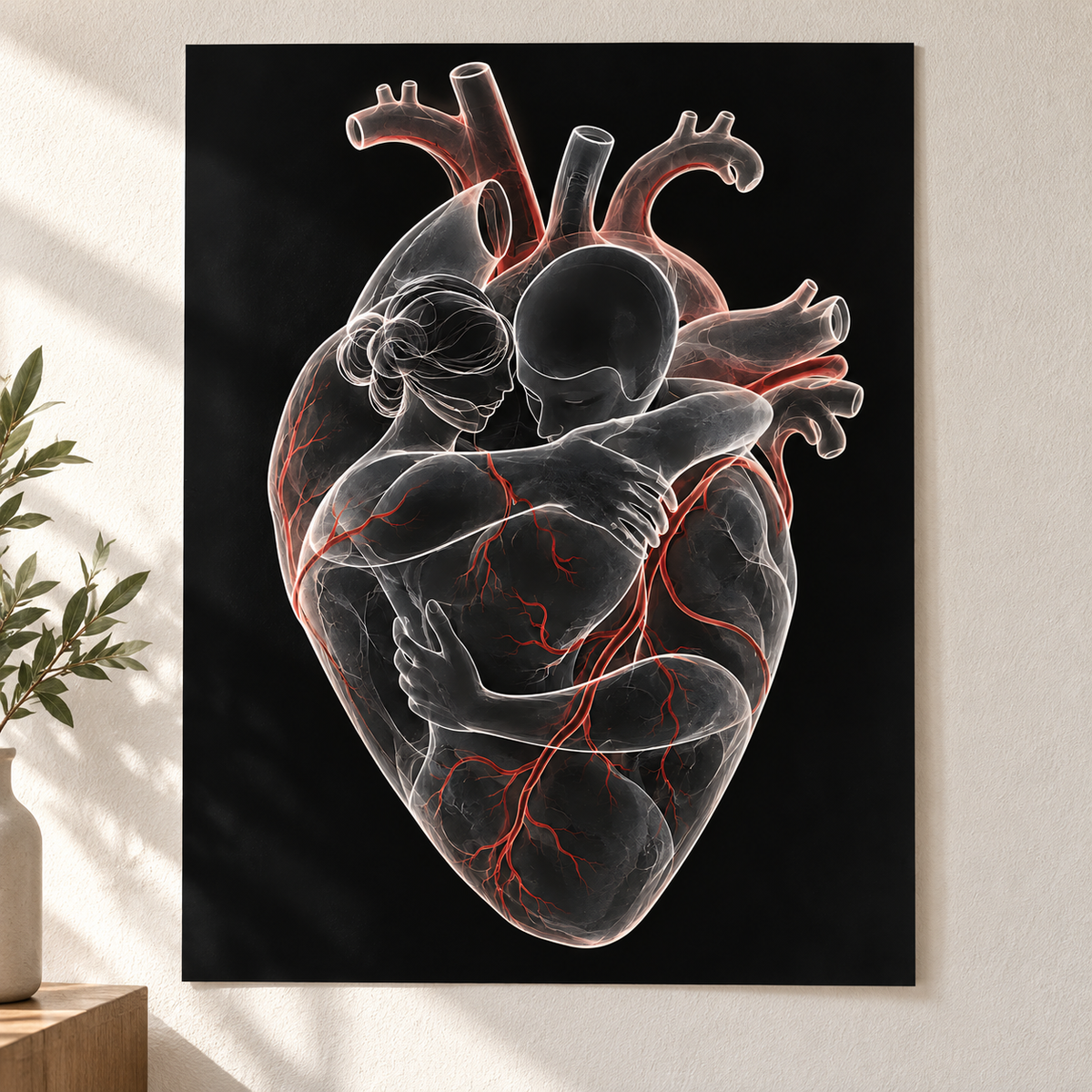 Herzumarmung – Roter Herzschlag als Poster ohne Rahmen.