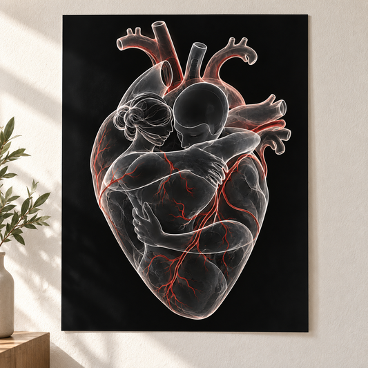 Herzumarmung – Roter Herzschlag als Poster ohne Rahmen.