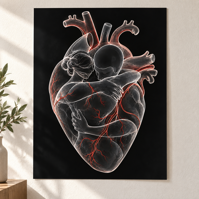 Herzumarmung – Roter Herzschlag als Poster ohne Rahmen.