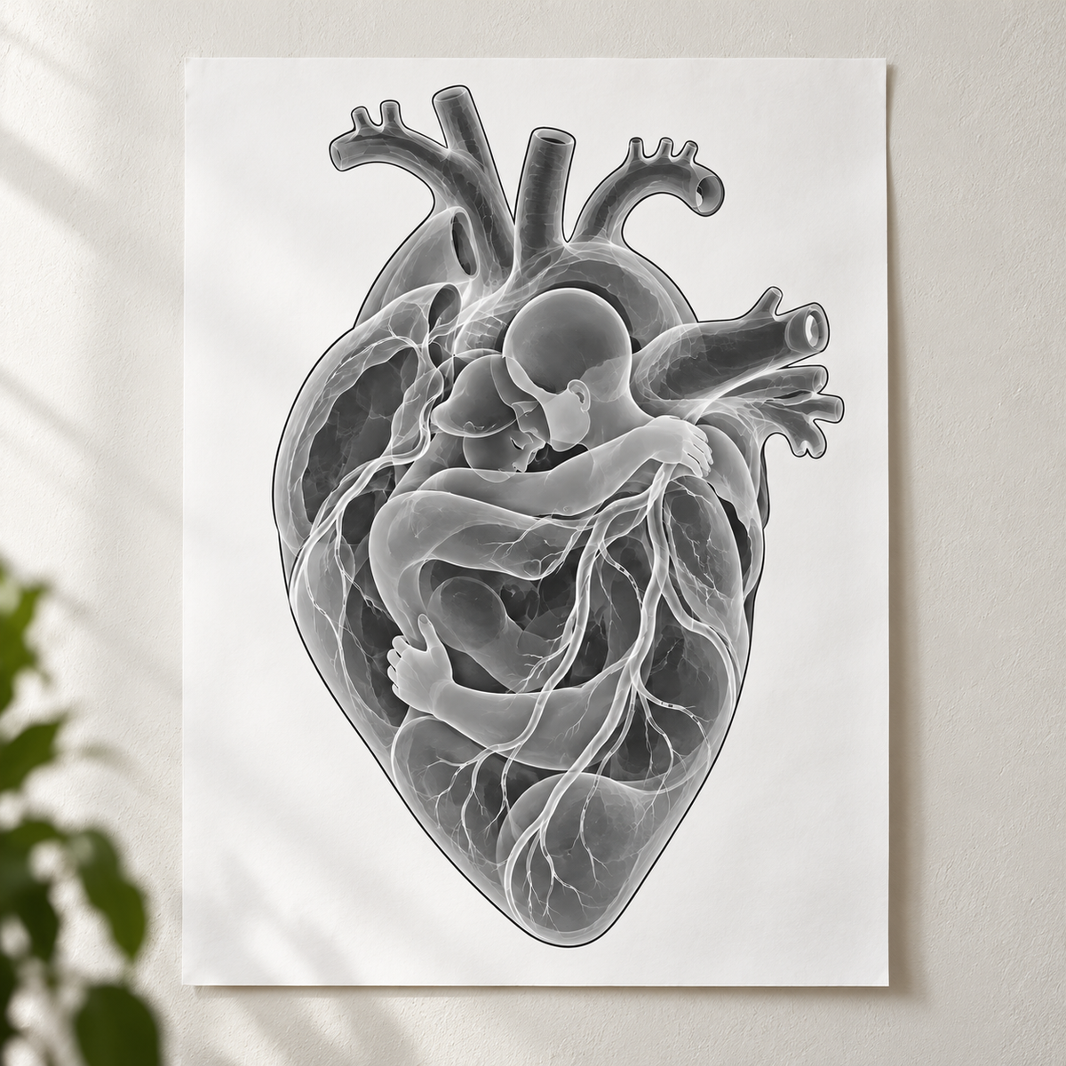 Herzumarmung – Zarte Nähe als Poster ohne Rahmen.