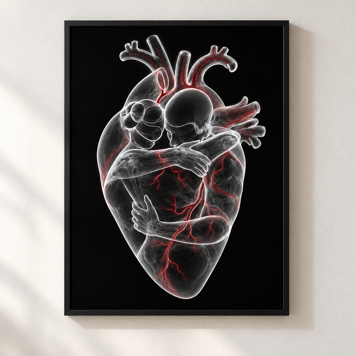 Herzumarmung – Rote Adern als Poster im mattschwarzen Rahmen an einer hellen Wand.