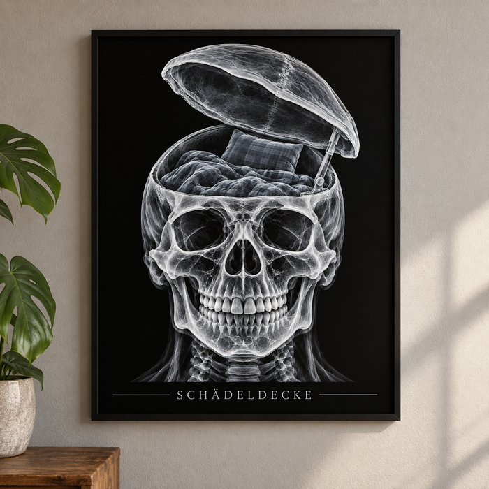 Schädeldecke – Kuschelbett – Poster mit schwarzem Rahmen