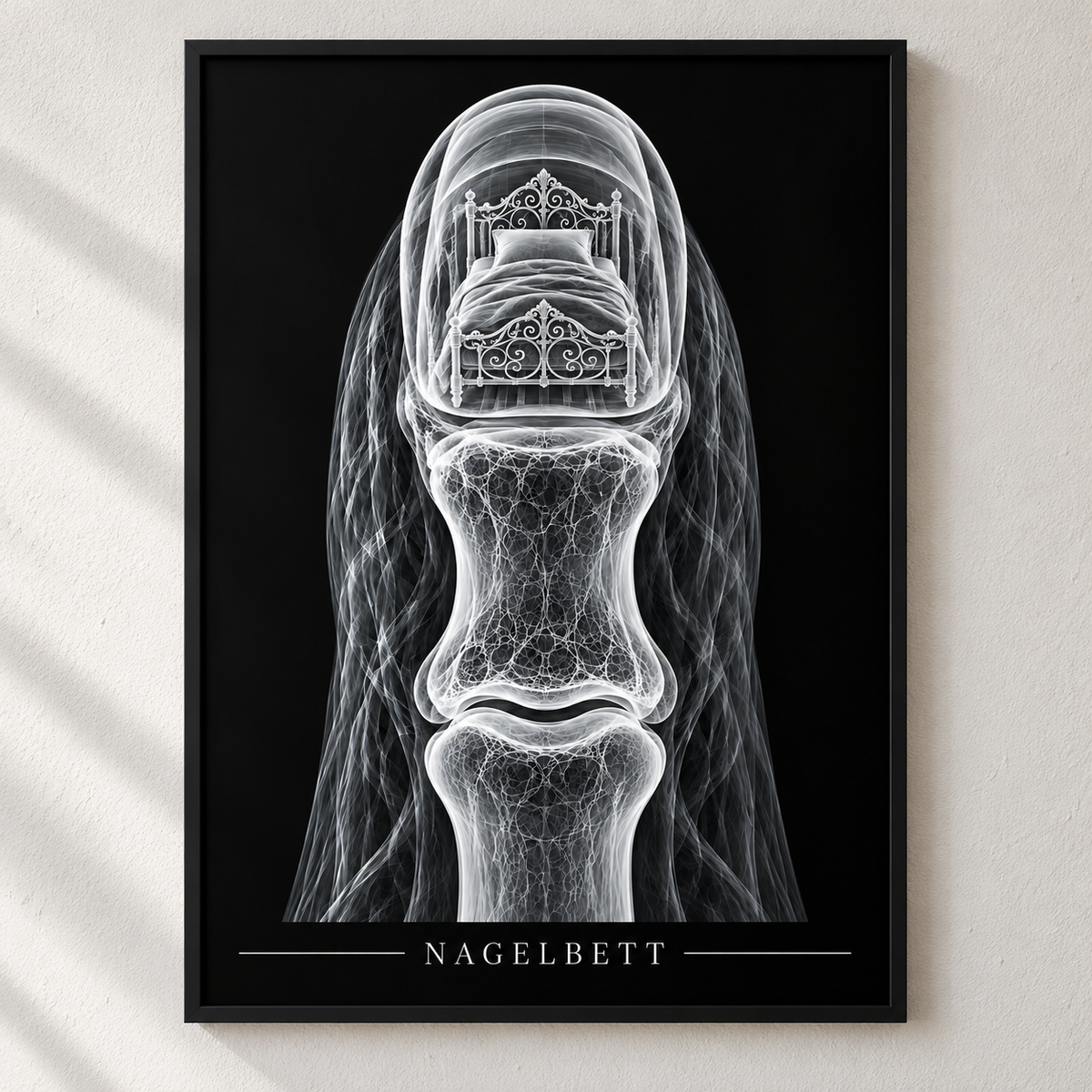 Nagelbett – Metallbett – Poster mit schwarzem Rahmen
