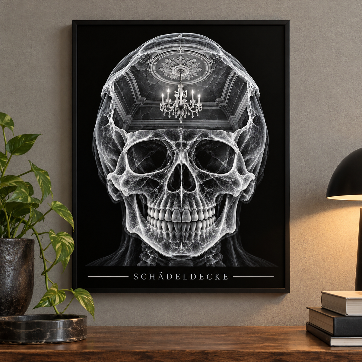 Schädeldecke – Kronleuchter – Poster mit schwarzem Rahmen