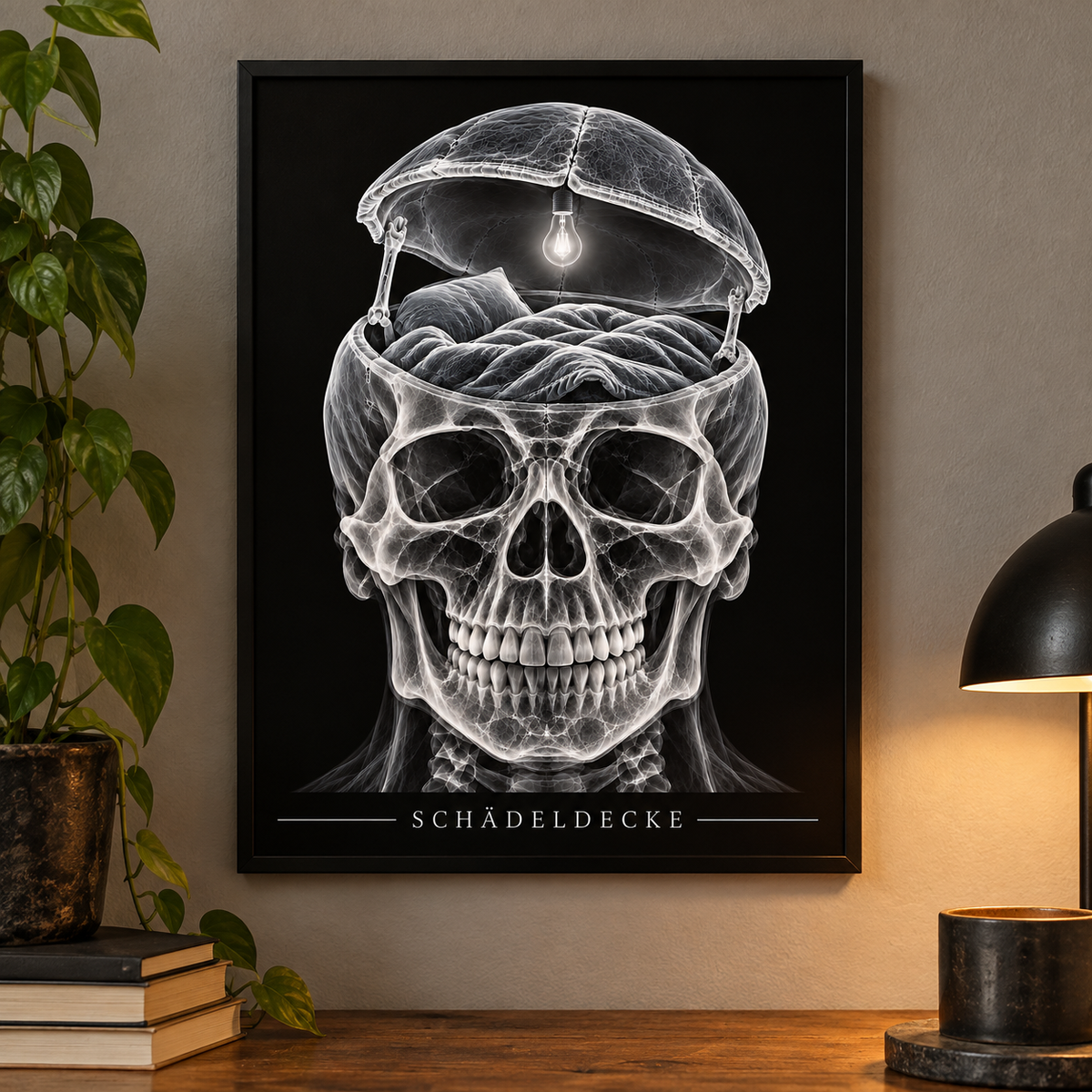 Schädeldecke – Leselicht – Poster mit schwarzem Rahmen