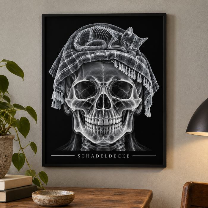 Schädeldecke – Katzenruhe – Poster mit schwarzem Rahmen
